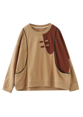 Bohemian Khaki O-Neck Patchwork Cotton Sweatshirts Spring