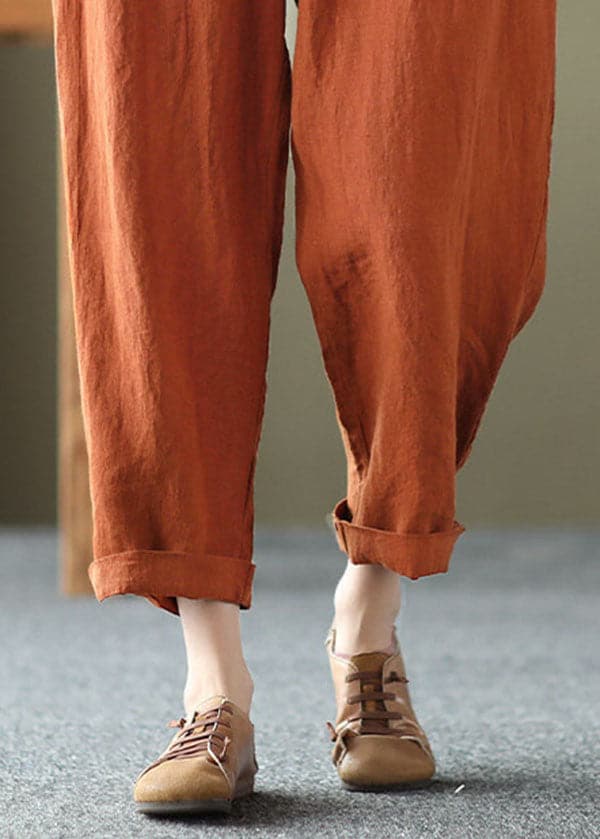 Bohemian Orange High Waist Pockets Original Design Linen Harem Pants Summer