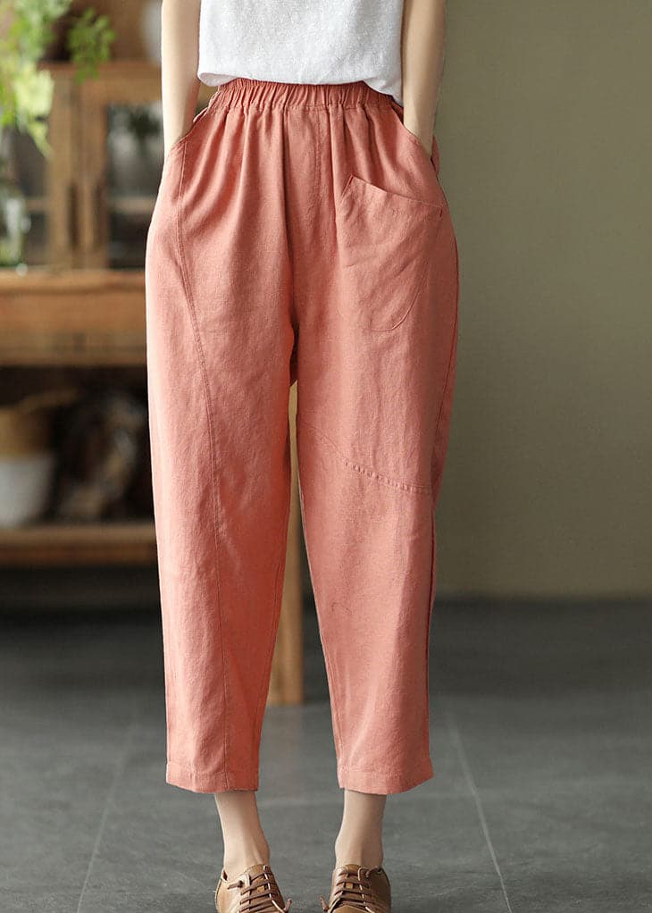 Bohemian Pink Elastic Waist Pockets Linen Crop Pants Summer