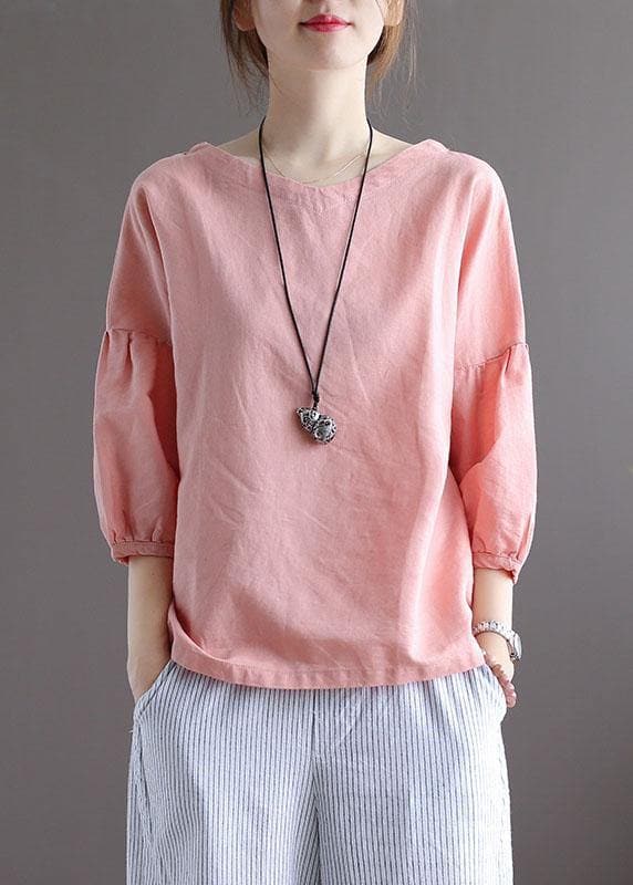 Bohemian Pink O-Neck Patchwork Fall Blouses Three Quarter Sleeve