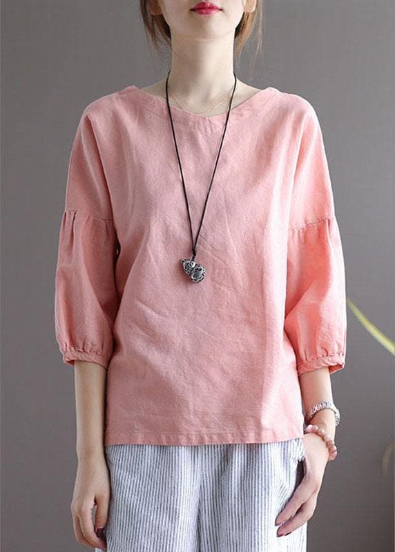 Bohemian Pink O-Neck Patchwork Fall Blouses Three Quarter Sleeve