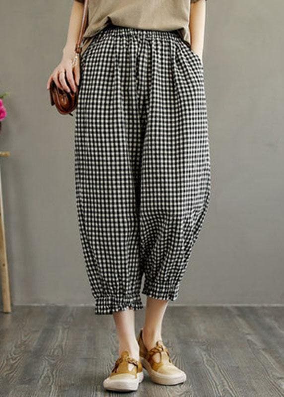 Bohemian Plaid Elastic Waist Pockets Harem Pants Linen