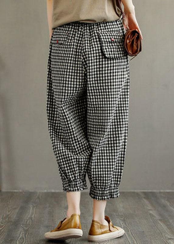 Bohemian Plaid Elastic Waist Pockets Harem Pants Linen