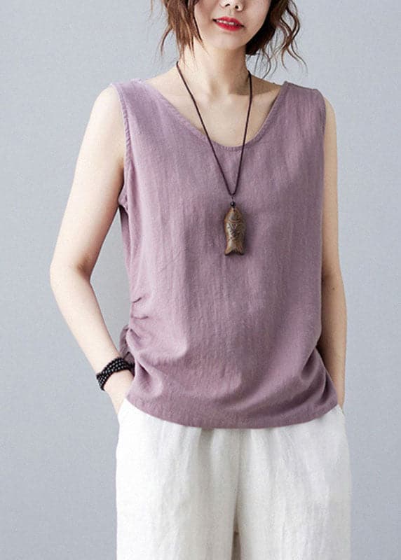 Bohemian Purple V Neck Wrinkled Solid Color Linen Vests Sleeveless