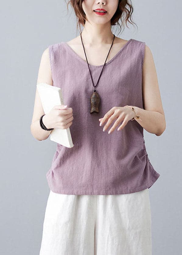 Bohemian Purple V Neck Wrinkled Solid Color Linen Vests Sleeveless