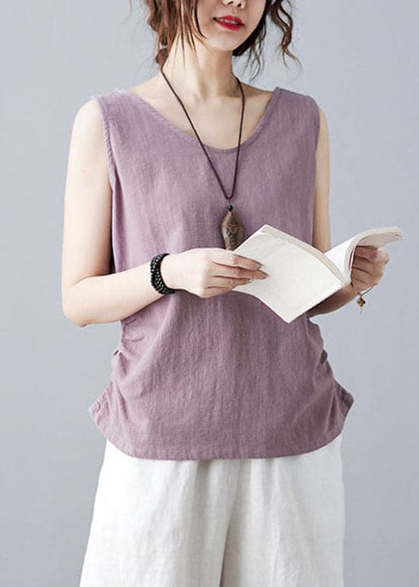 Bohemian Purple V Neck Wrinkled Solid Color Linen Vests Sleeveless