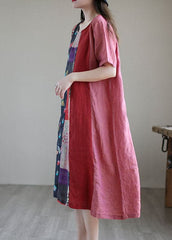 Bohemian Red Loose Patchwork Linen Fall Short Sleeve Long Dresses