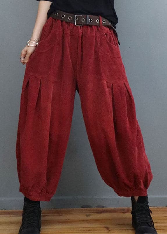 Bohemian Red Pockets wrinkled Corduroy lantern Pants Winter