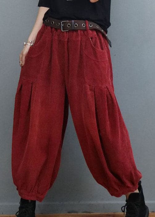 Bohemian Red Pockets wrinkled Corduroy lantern Pants Winter