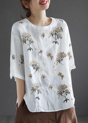 Bohemian White O-Neck Embroideried Floral Summer Linen Tops Half Sleeve