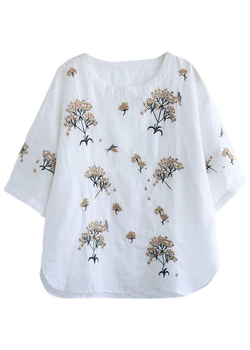 Bohemian White O-Neck Embroideried Floral Summer Linen Tops Half Sleeve