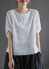 Bohemian White O-Neck Hollow Out Summer Retro Half Sleeve Top