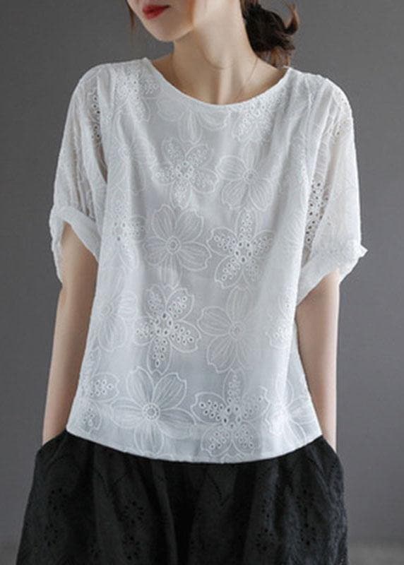 Bohemian White O-Neck Hollow Out Summer Retro Half Sleeve Top