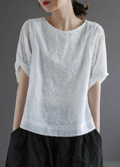 Bohemian White O-Neck Hollow Out Summer Retro Half Sleeve Top