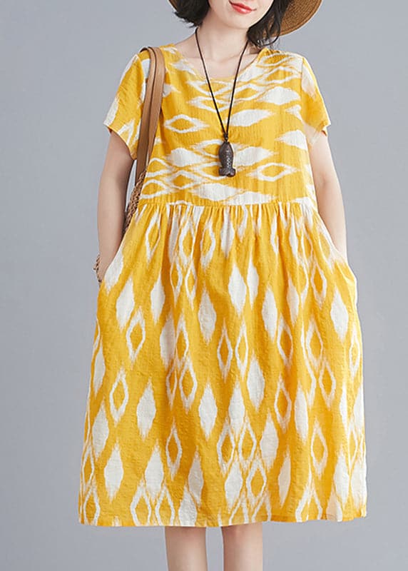 Bohemian Yellow O-Neck Wrinkled Print Cotton Beach Dresses Short Sleeve