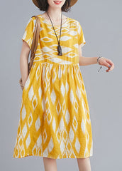 Bohemian Yellow O-Neck Wrinkled Print Cotton Beach Dresses Short Sleeve