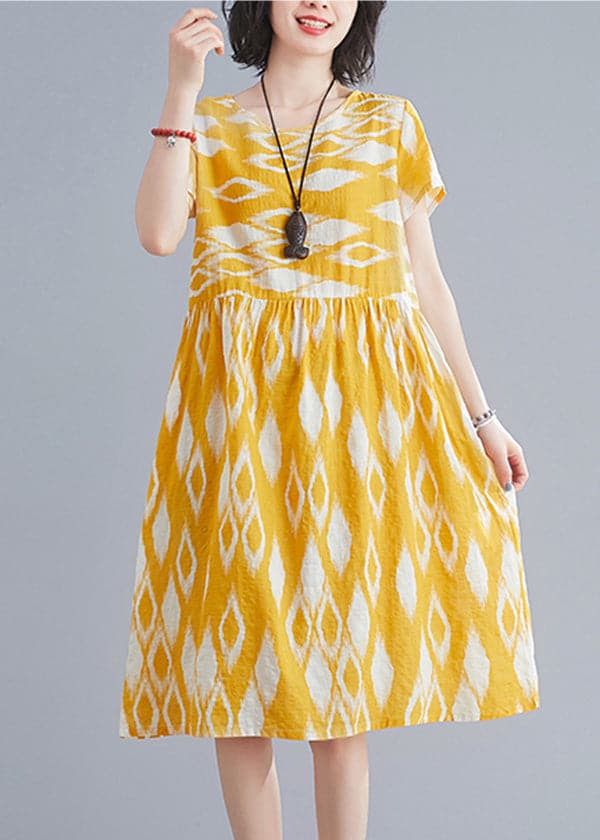 Bohemian Yellow O-Neck Wrinkled Print Cotton Beach Dresses Short Sleeve