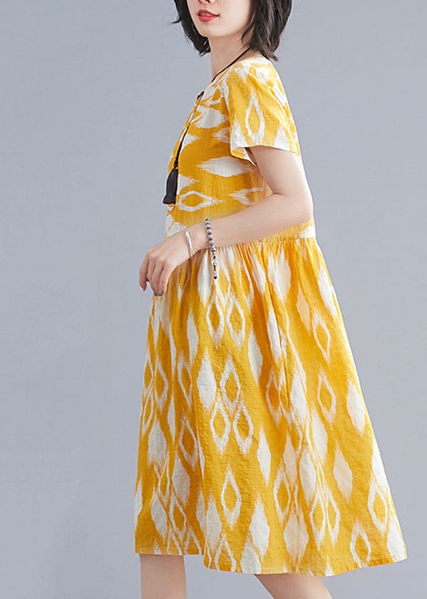 Bohemian Yellow O-Neck Wrinkled Print Cotton Beach Dresses Short Sleeve