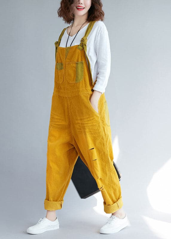 Bohemian Yellow pockets Corduroy ripped Jumpsuits Spring