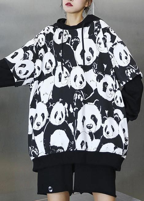 Bohemian black Panda printing tunic pattern hooded daily tops