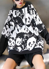 Bohemian black Panda printing tunic pattern hooded daily tops