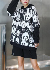 Bohemian black Panda printing tunic pattern hooded daily tops