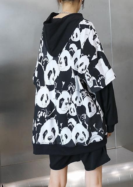 Bohemian black Panda printing tunic pattern hooded daily tops