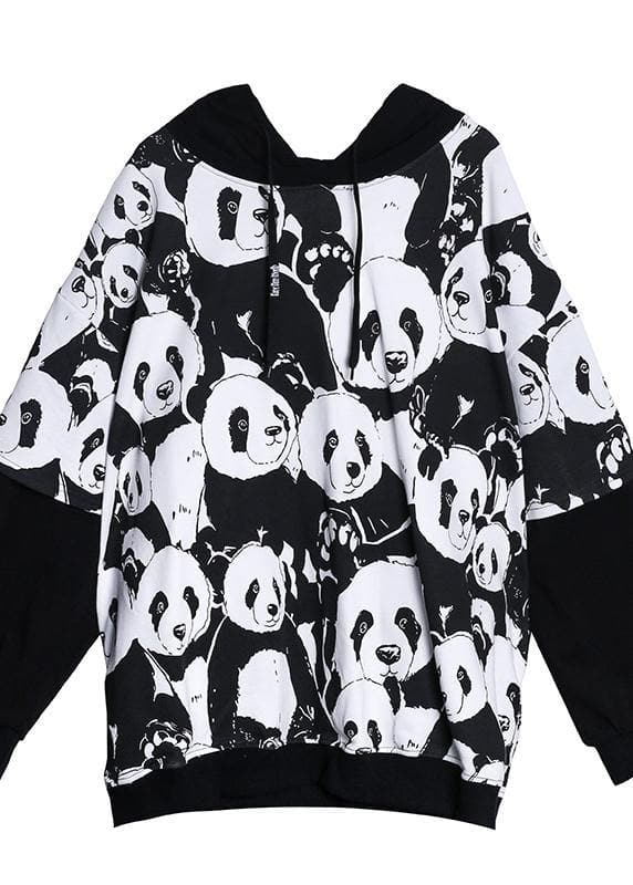 Bohemian black Panda printing tunic pattern hooded daily tops