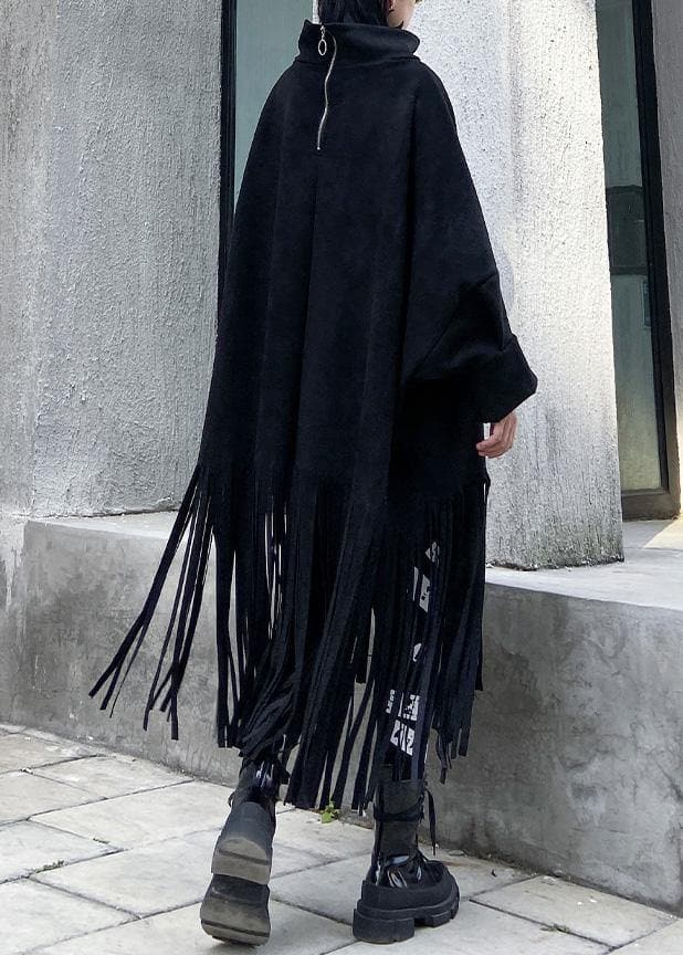 Bohemian black cotton Tunics tassel Plus Size half high neck Dress