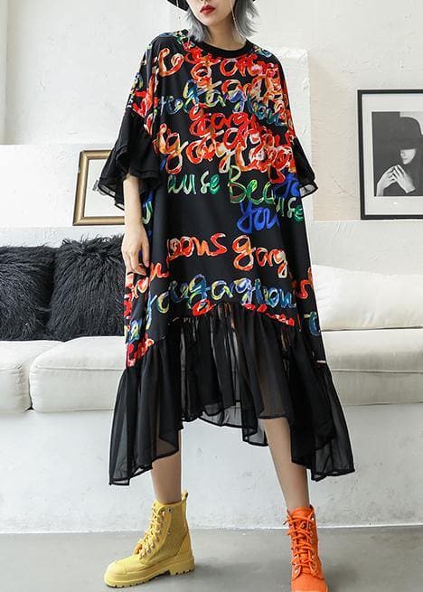 Boho Maxikleid mit Rundhalsausschnitt und Patchwork-Muster, schwarz