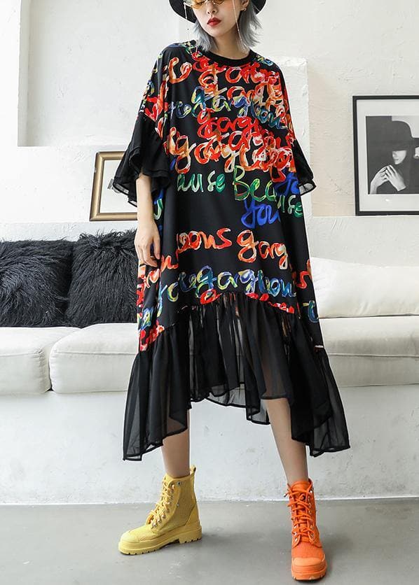 Boho Maxikleid mit Rundhalsausschnitt und Patchwork-Muster, schwarz