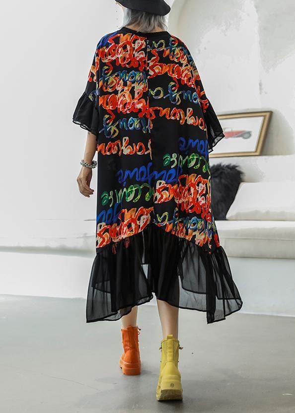 Boho Maxikleid mit Rundhalsausschnitt und Patchwork-Muster, schwarz