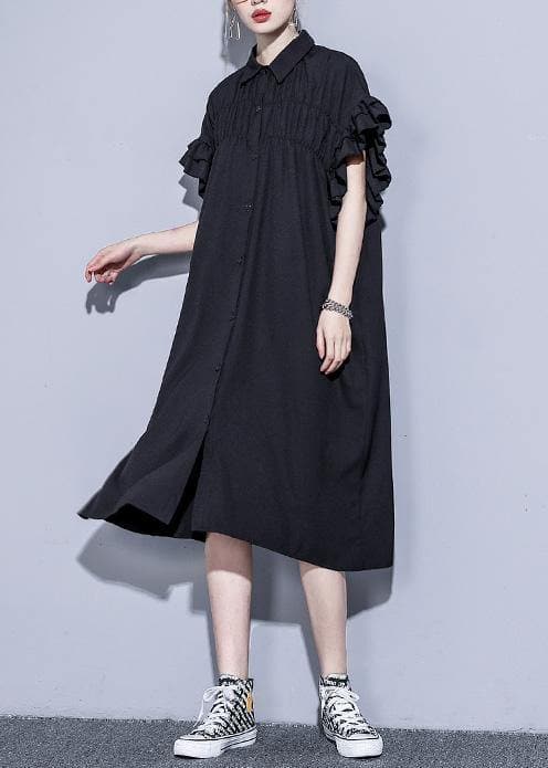 Bohemian black tunics for women lapel asymmetric cotton summer Dress