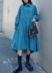 Robe longue à manches bouffantes et revers bleu bohème