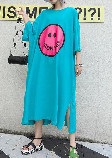 Bohemian blau grün druck baumwolle kleidung o neck seite offen Robe sommer Kleid