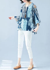 Bohemian blue print cotton linen shirts Fabrics o neck Batwing Sleeve blouses