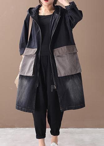 Bohemian denim black Fine tunic pattern Outfits hooded Large pockets winter women coats