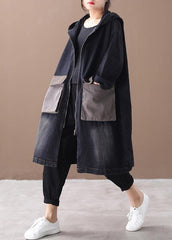 Bohemian denim black Fine tunic pattern Outfits hooded Large pockets winter women coats