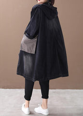 Bohemian denim black Fine tunic pattern Outfits hooded Large pockets winter women coats