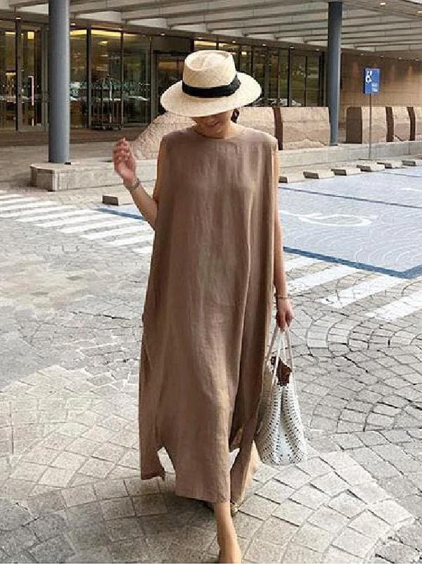 Böhmisches O-Ausschnitt-Kleid mit seitlichem offenem Leinen-Baumwollstoff, Khaki-Kleid