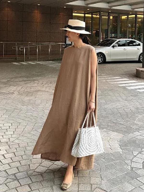 Böhmisches O-Ausschnitt-Kleid mit seitlichem offenem Leinen-Baumwollstoff, Khaki-Kleid