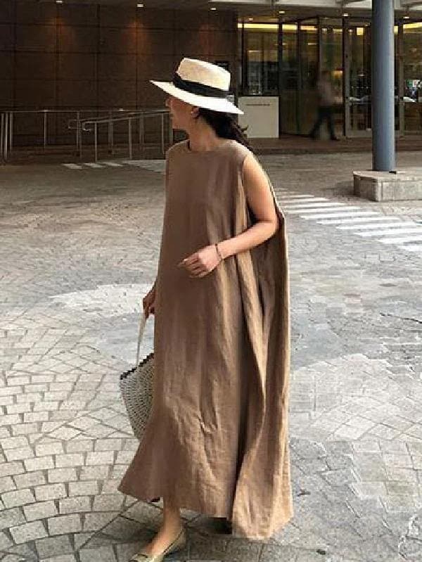 Böhmisches O-Ausschnitt-Kleid mit seitlichem offenem Leinen-Baumwollstoff, Khaki-Kleid