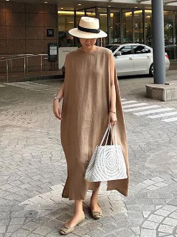 Böhmisches O-Ausschnitt-Kleid mit seitlichem offenem Leinen-Baumwollstoff, Khaki-Kleid