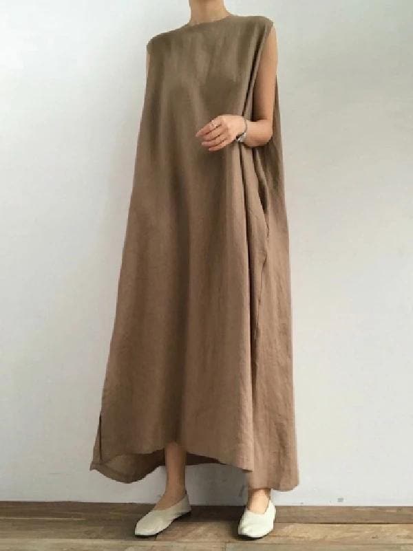 Böhmisches O-Ausschnitt-Kleid mit seitlichem offenem Leinen-Baumwollstoff, Khaki-Kleid