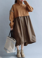 Bohemian patchwork high neck cotton clothes Women Work Outfits brown Traveling Dresses fall