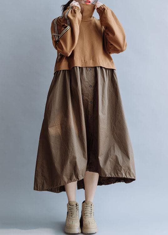 Bohemian patchwork high neck cotton clothes Women Work Outfits brown Traveling Dresses fall