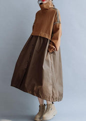 Bohemian patchwork high neck cotton clothes Women Work Outfits brown Traveling Dresses fall