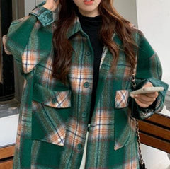 Bohemian Lapel Pockets Spring Shirts Green Plaid Top