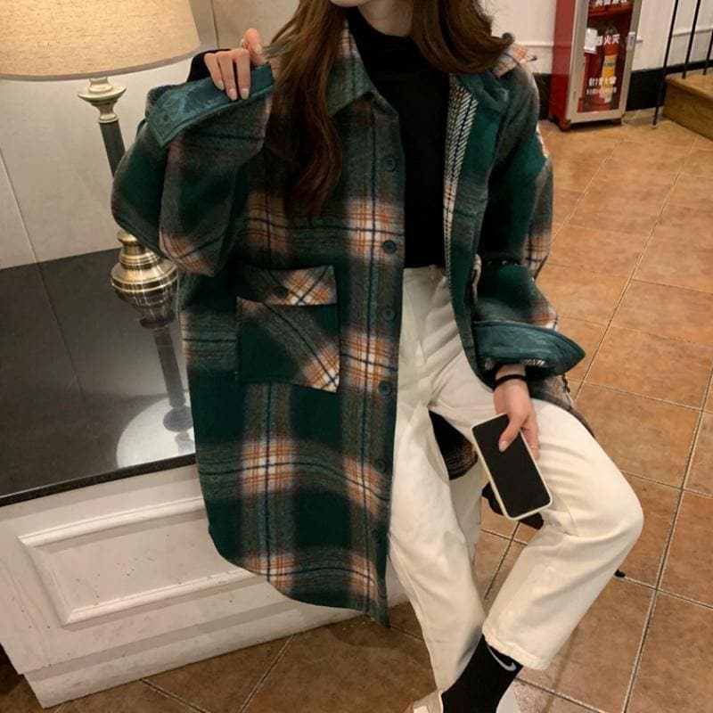 Bohemian Lapel Pockets Spring Shirts Green Plaid Top