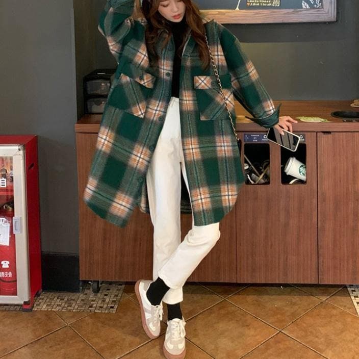 Bohemian Lapel Pockets Spring Shirts Green Plaid Top